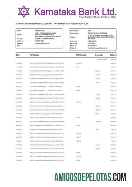 Extrato bancário realista da Índia Karnataka para conta modelo Word e PDF